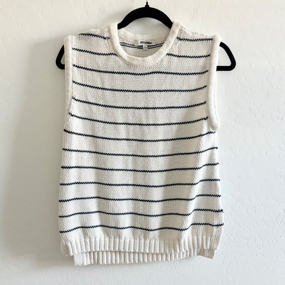 Madewell Striped Knit Sweater Vest Cream Navy Sleeveless Pullover M - Picture 2 of 8